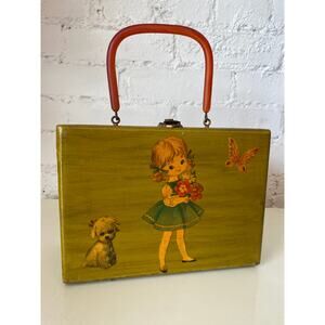vintage 1960s box purse novelty print decoupage girl butterfly puppy squirrel
